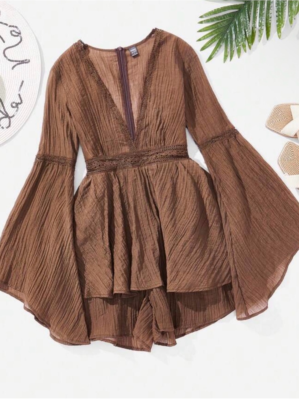 Women's Brown V-Neck Bell Sleeve Dress